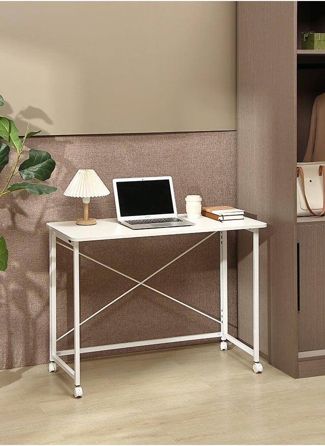 LAWAZIM Folding Table - 100x50x75cm White - Folding Computer Desk with Wooden Top, Iron Legs, Lockable Wheels, and X-Shaped Back -Ideal for Home Office, Study, Small Spaces, and Temporary Workstations  - Image 1
