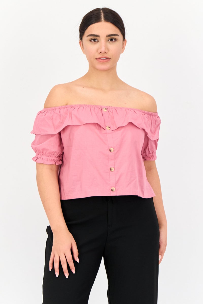 ONLY Women Round Neck Short Sleeve Solid Crop Top, Mauve Pink - Image 1