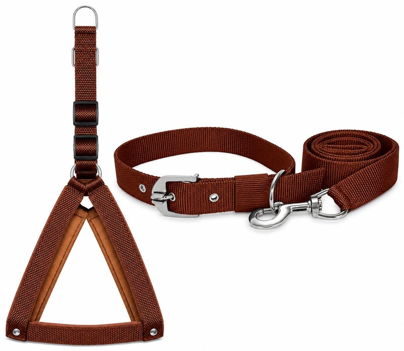 VIPCOLLECTION No Pull -Step in Soft Padded Buckle Dog Harness and Collar Leash - Escape Proof Adjustable Combo for Walking Training Hiking Outdoor (Brown, Large) - Image 1