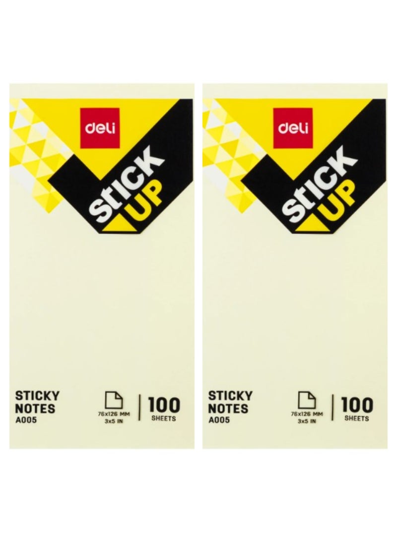 Deli Pack of 2 Sticky Notes 3 x 5 in (76×126mm) 100 Yellow Sheets each - Image 1