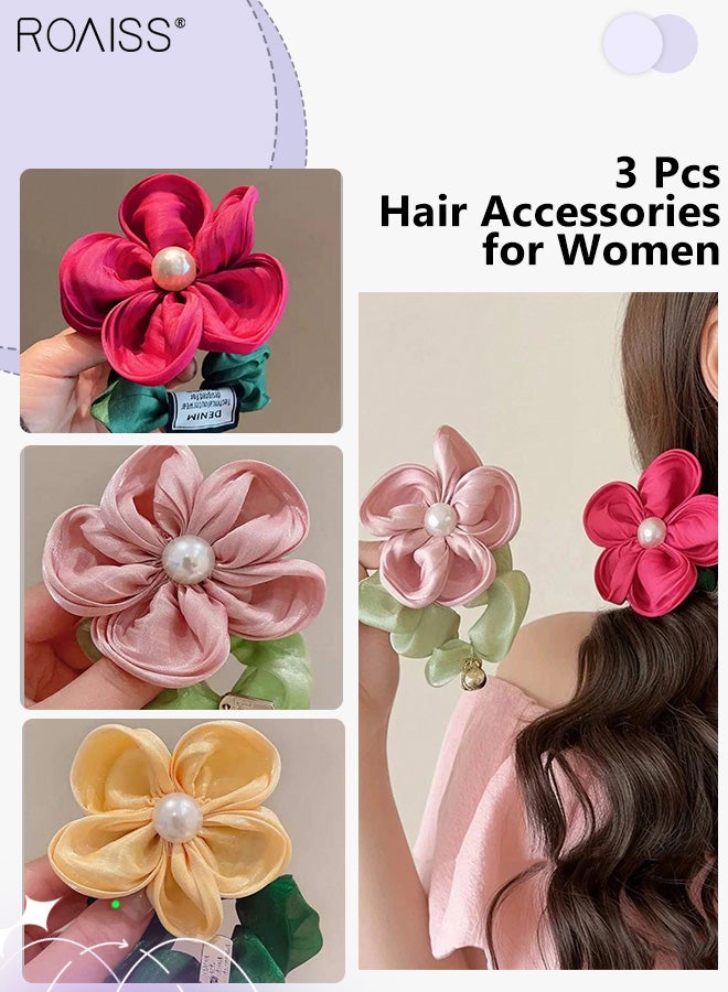 roaiss 3 Pcs Elegant Floral Elastic Headbands, Non-slip Ponytail Holder, Pearl Rose Flower Hair Tie Simple Fashionable Elastic Hair Band Suitable for Women Daily Wear - Image 1