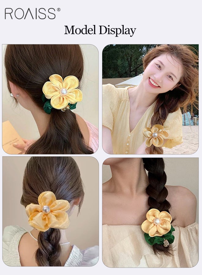 roaiss 3 Pcs Elegant Floral Elastic Headbands, Non-slip Ponytail Holder, Pearl Rose Flower Hair Tie Simple Fashionable Elastic Hair Band Suitable for Women Daily Wear - Image 2