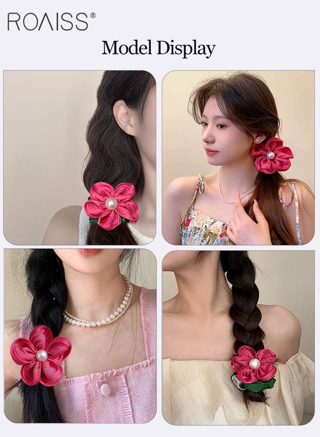 roaiss 3 Pcs Elegant Floral Elastic Headbands, Non-slip Ponytail Holder, Pearl Rose Flower Hair Tie Simple Fashionable Elastic Hair Band Suitable for Women Daily Wear - Image 4
