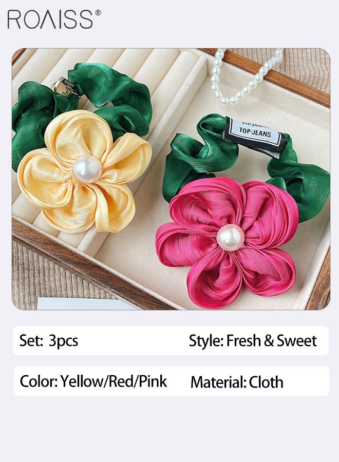 roaiss 3 Pcs Elegant Floral Elastic Headbands, Non-slip Ponytail Holder, Pearl Rose Flower Hair Tie Simple Fashionable Elastic Hair Band Suitable for Women Daily Wear - Image 5