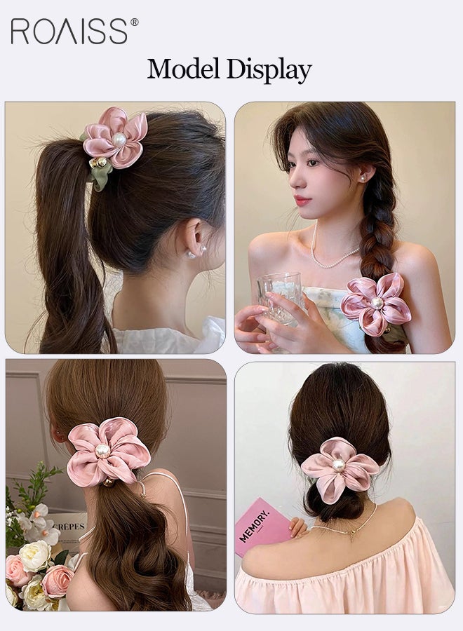 roaiss 3 Pcs Elegant Floral Elastic Headbands, Non-slip Ponytail Holder, Pearl Rose Flower Hair Tie Simple Fashionable Elastic Hair Band Suitable for Women Daily Wear - Image 3
