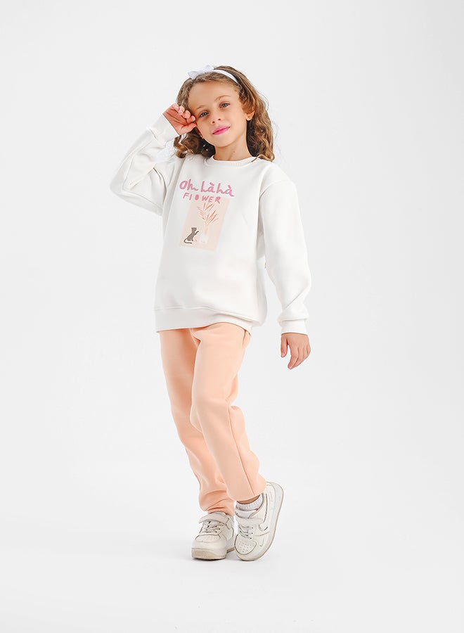 جوكي طقم بيجامه شتوي بنات مبطن فليس بطبعة القطة - Image 1