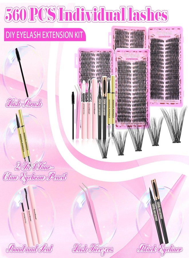 Floranest Lash Clusters Kit, 560 Pcs Eyelashes Clusters Kit 9-16mm Individual Natural Lash Extension Kit D Curl Fluffy Wispy False Eyelashes (40D+60D+80D New) With Eyeliner Dark Brown Two-In-One Eyebrow Pencil - Image 4