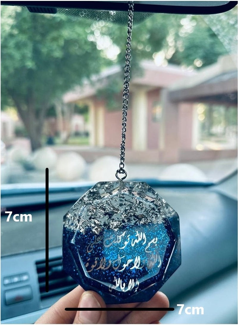 Luxury hexagonal car pendant with silver leaf embroidered design and shiny blue color - Image 2