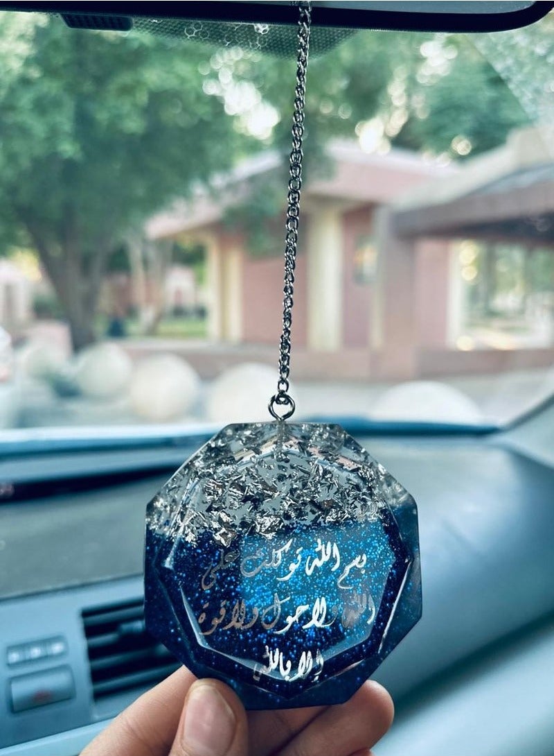 Luxury hexagonal car pendant with silver leaf embroidered design and shiny blue color - Image 1