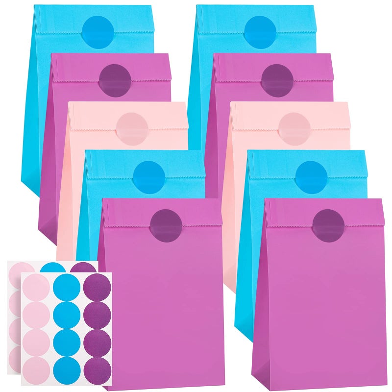 Cooraby 30 Pieces 5.1 x 3.1 x 9.4 Inches Colorful Kraft Paper Bags with 48 Stickers Party Treat for Wedding, Celebration, Birthday Party Supplies (Sky Blue, Light Purple, Pink) - Image 1