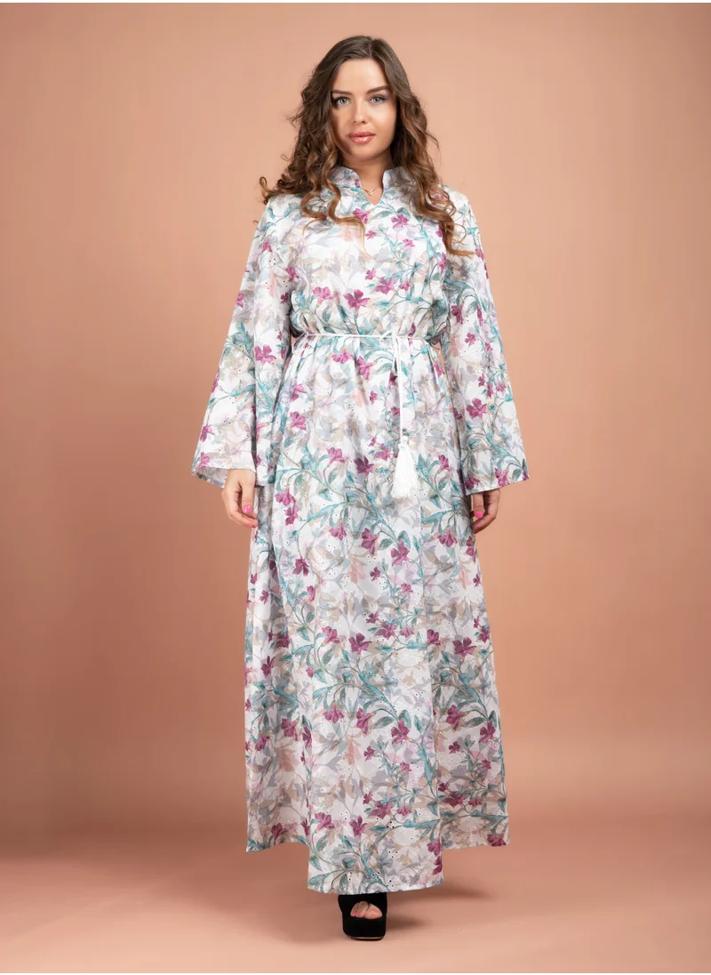 IKKXA Floral Printed Modern Jalabiya CJ1019 White