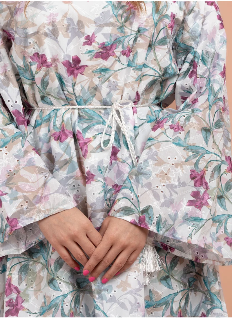 IKKXA Floral Printed Modern Jalabiya CJ1019 White