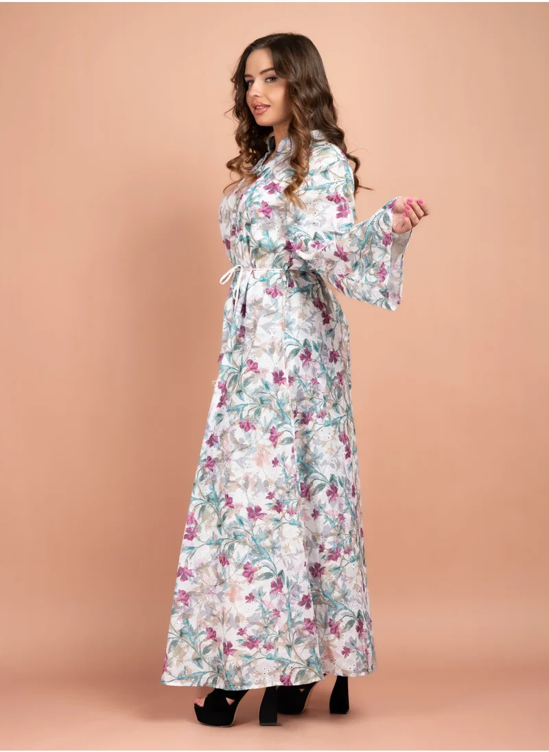 IKKXA Floral Printed Modern Jalabiya CJ1019 White