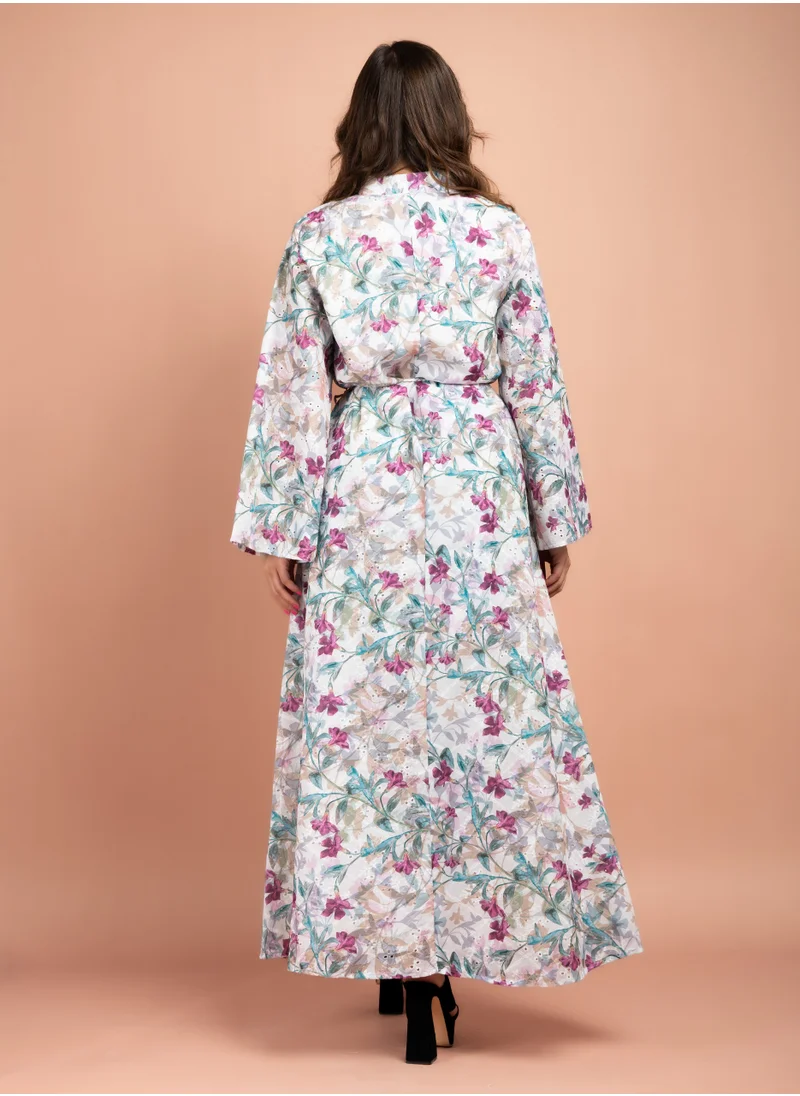 IKKXA Floral Printed Modern Jalabiya CJ1019 White