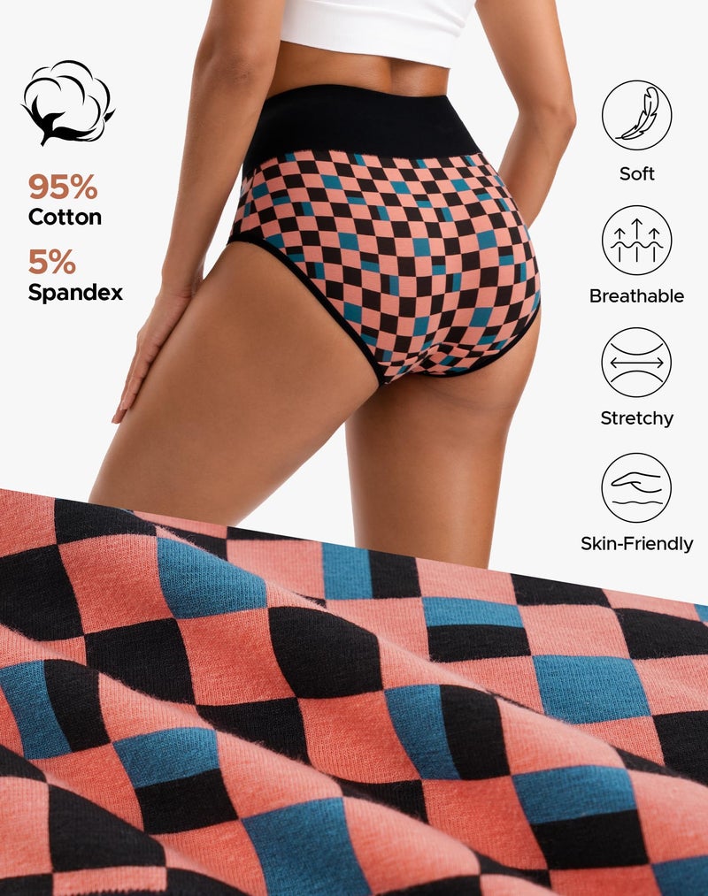INNERSY Women's High Waisted Underwear Cotton Panties Regular & Plus Size 5-Pack(Chessboard,Large) - Image 5