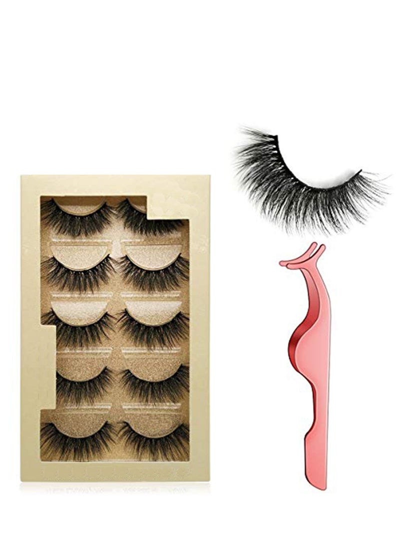 Excefore False Lashes, False Eyelashes Mink Lashes 5 Pairs Reusable 3D Mink Lashes Handmade Natural Thick Fake Eyelashes Contains Stainless Steel Eyelash Tweezers - Image 1