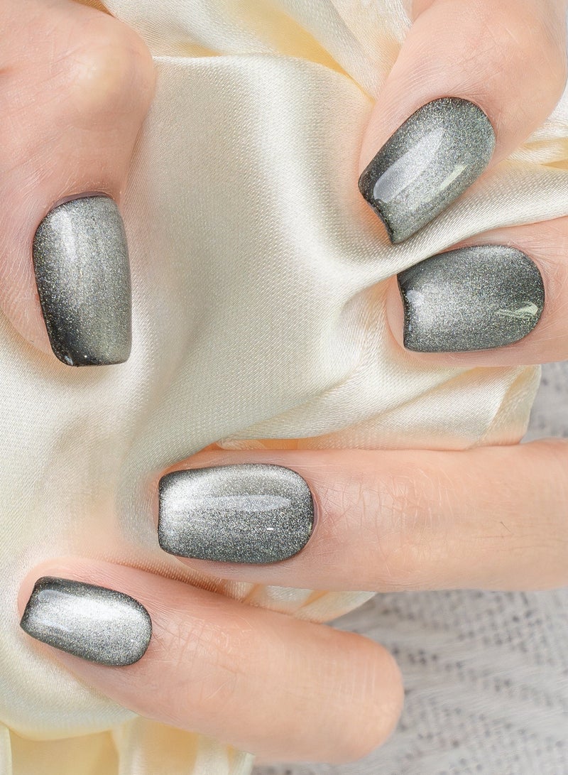 Nailosophy 10 Pcs Handmade Gel Press On Nails Short Round Dark Grey Cat Eye Reusable False Nails Nail Kit for Women Daily Wear Office Wedding Party Eid - Image 2
