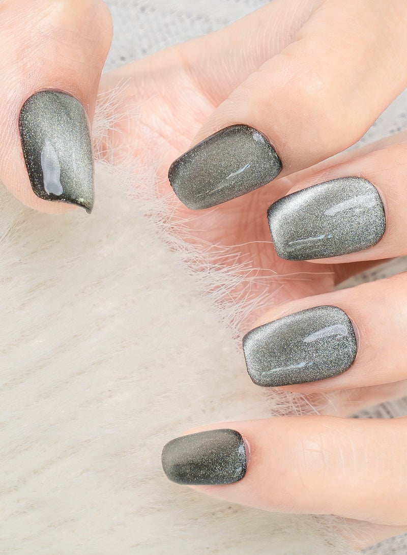 Nailosophy 10 Pcs Handmade Gel Press On Nails Short Round Dark Grey Cat Eye Reusable False Nails Nail Kit for Women Daily Wear Office Wedding Party Eid - Image 1