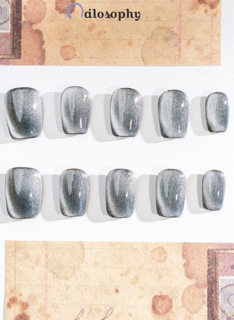 Nailosophy 10 Pcs Handmade Gel Press On Nails Short Round Dark Grey Cat Eye Reusable False Nails Nail Kit for Women Daily Wear Office Wedding Party Eid - Image 3