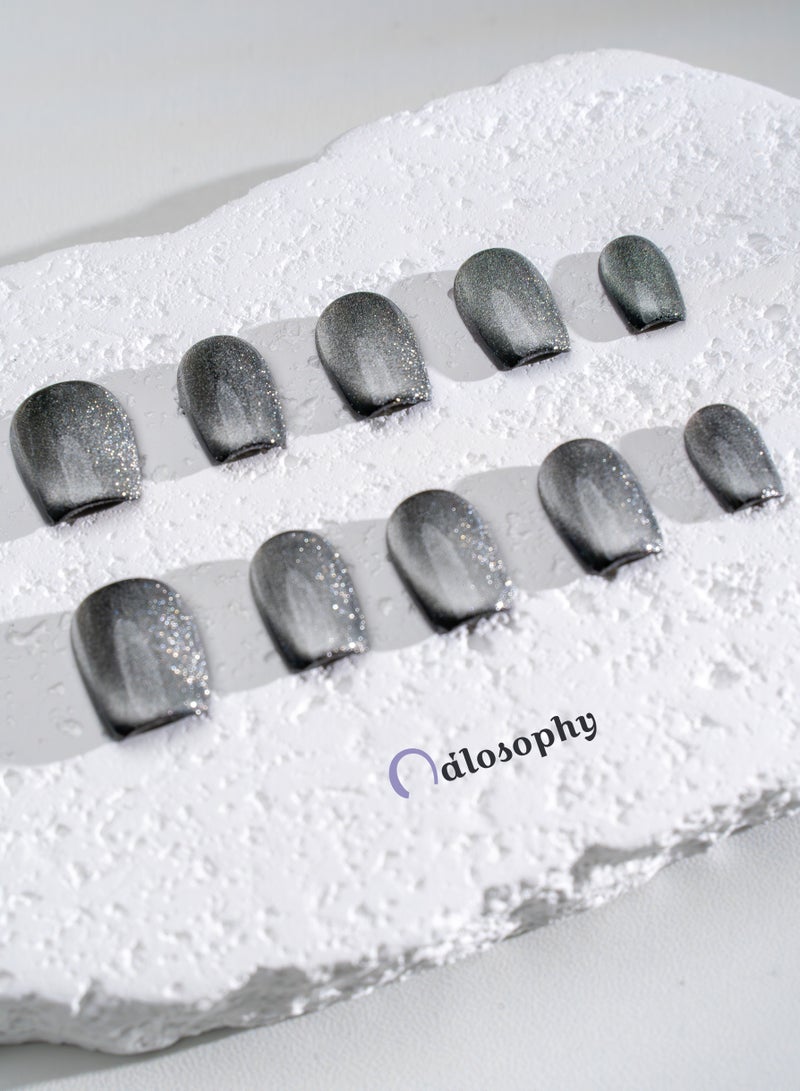 Nailosophy 10 Pcs Handmade Gel Press On Nails Short Round Dark Grey Cat Eye Reusable False Nails Nail Kit for Women Daily Wear Office Wedding Party Eid - Image 4