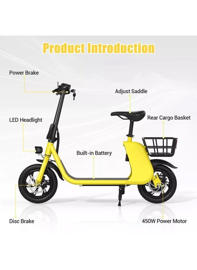 Wind Horse - High Quality Foldable Electric Scooter with Seat and Rear Basket, 450W Motor, 36V 8AH Battery, 25-35 KM/h Speed, Carbon Alloy Frame, 12.5 Inches Tires, Disk Brakes, Unisex Comfortable E-Scooter for Adults - Image 1