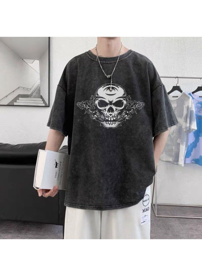 Heavyweight Pure Cotton American Vintage Distressed Print T-shirt, Can Be Worn Up To 300 Pounds, Loose Fit Vintage Washed Distressed T-shirt