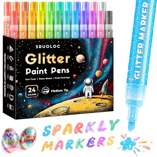 SRUOLOC Glitter Paint Pens, 24 Colors Glitter Markers Set Acrylic Sparkle Markers Teen Art Supplies for Scrapbooking, Cards, DIY Crafts, Adults Coloring, Medium Tip 3mm - Image 1
