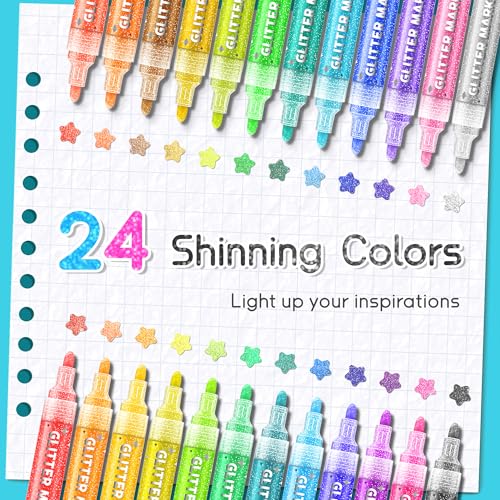 SRUOLOC Glitter Paint Pens, 24 Colors Glitter Markers Set Acrylic Sparkle Markers Teen Art Supplies for Scrapbooking, Cards, DIY Crafts, Adults Coloring, Medium Tip 3mm - Image 2