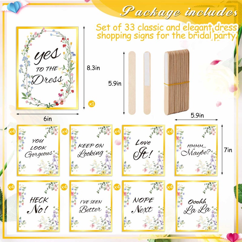 Lewtemi Set of 33 Say Yes to the Dress Signs Wedding Shopping Props Signs Paddles for Bridesmaids and Brides Bachelorette Party Games (Floral) - Image 3