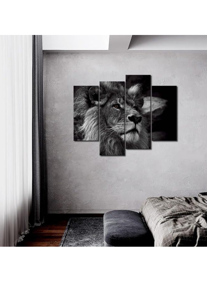 مؤسسة فكرة اليوم (12 × 26 بوصة × 2 لوحة، 12 × 35 بوصة × 2 لوحة) - لوحة فنية جدارية باللونين الأسود والأبيض ورمادي رأس أسد صورة فنية جدارية مطبوعة على القماش صورة حيوان للديكور المنزلي الحديث، كبير - Image 2