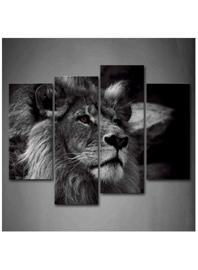 مؤسسة فكرة اليوم (12 × 26 بوصة × 2 لوحة، 12 × 35 بوصة × 2 لوحة) - لوحة فنية جدارية باللونين الأسود والأبيض ورمادي رأس أسد صورة فنية جدارية مطبوعة على القماش صورة حيوان للديكور المنزلي الحديث، كبير - Image 1