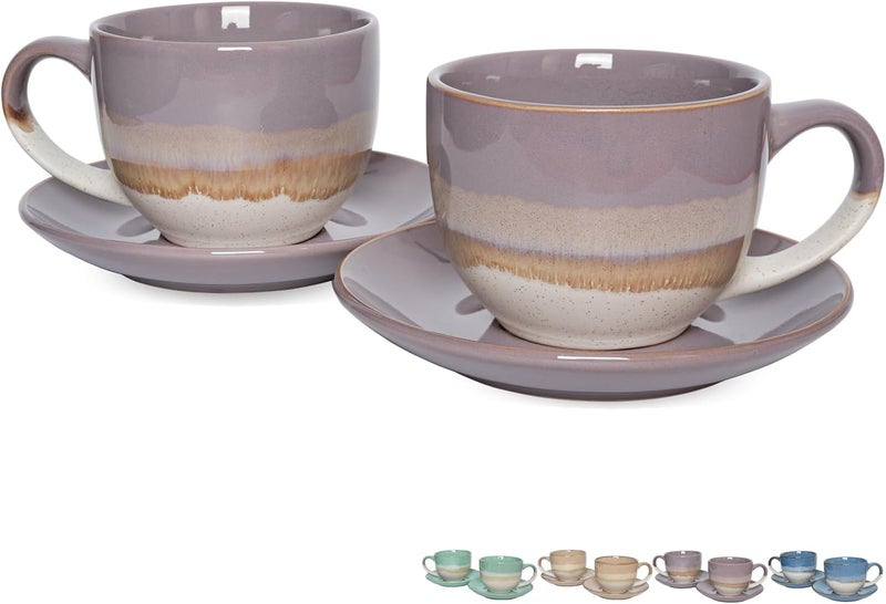 Bosmarlin Ceramic Cappuccino Cup and Saucer Set of 2 10 Oz Coffee Cups for Latte Espresso Tea Dishwasher and Microwave Safe Purple - Image 1