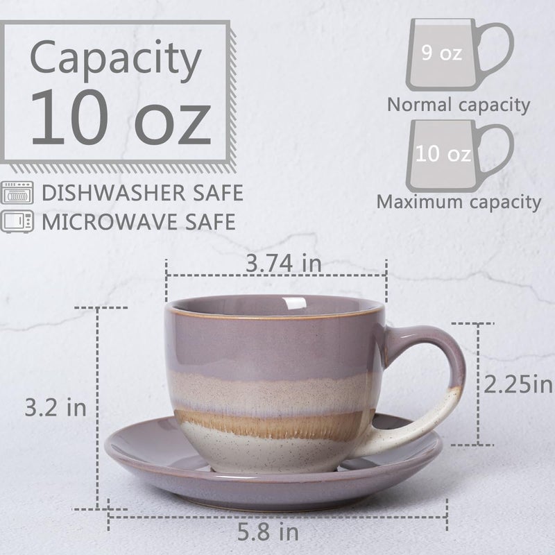Bosmarlin Ceramic Cappuccino Cup and Saucer Set of 2 10 Oz Coffee Cups for Latte Espresso Tea Dishwasher and Microwave Safe Purple - Image 2