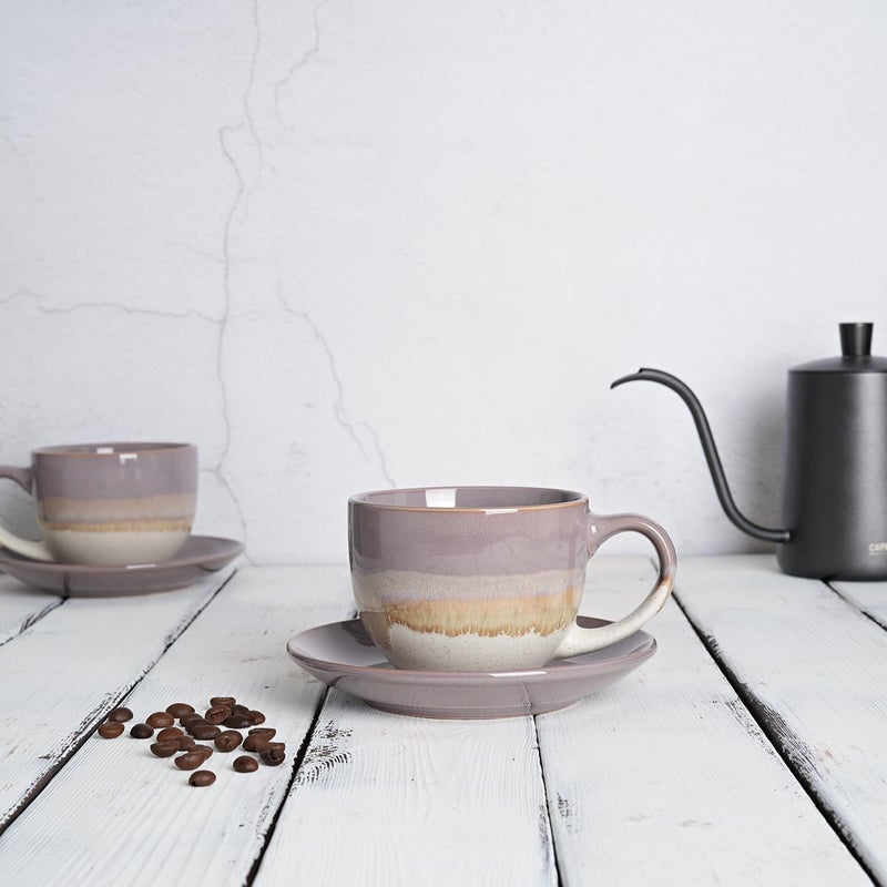 Bosmarlin Ceramic Cappuccino Cup and Saucer Set of 2 10 Oz Coffee Cups for Latte Espresso Tea Dishwasher and Microwave Safe Purple - Image 4