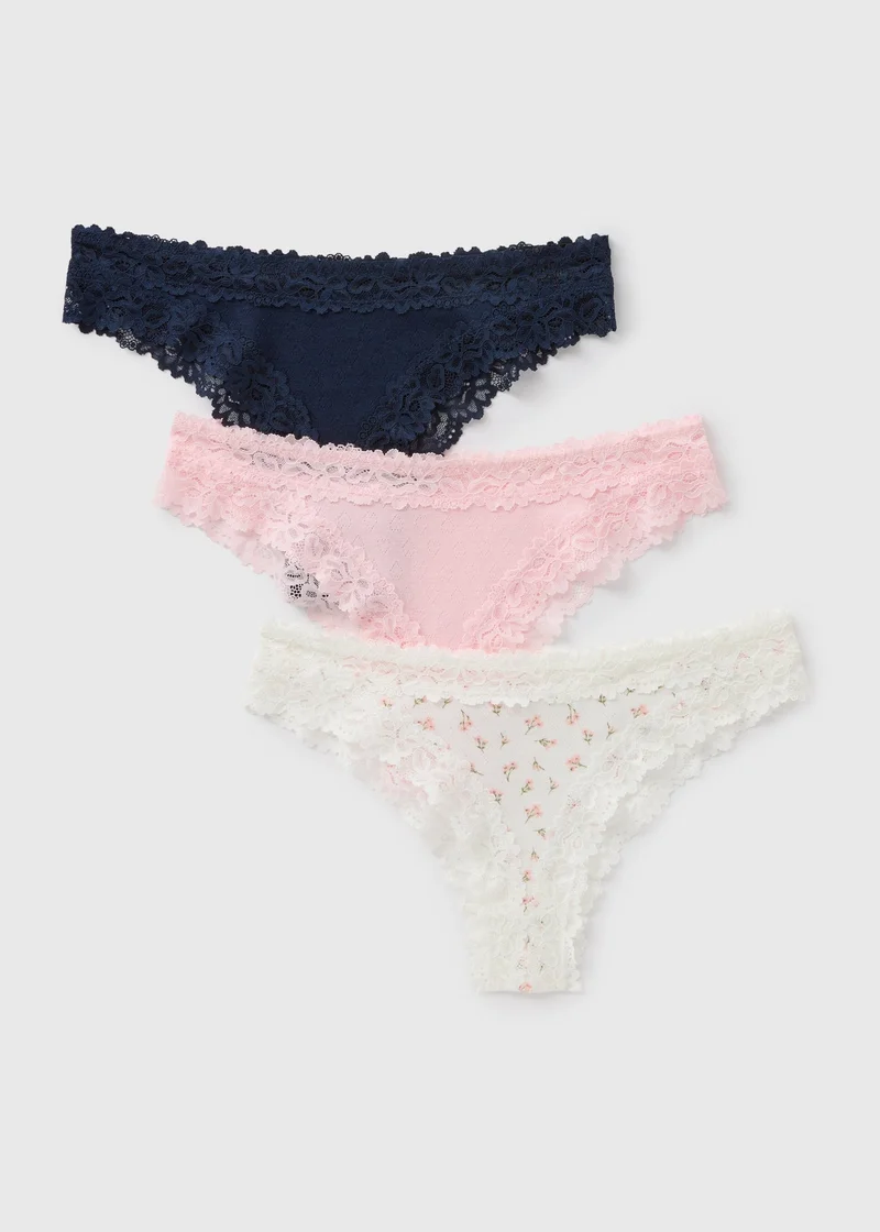 Matalan 3 Pack Multicolour Lace Trim Brazilian Knickers