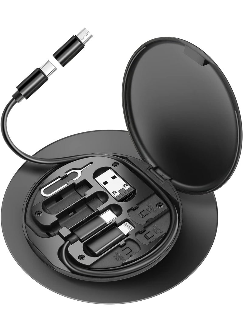 طقم كابل شحن متعدد للسفر مع محولات USB-C إلى لايتنينج/تايب-سي/مايكرو، تخزين بطاقة SIM وحامل هاتف - أسود - Image 1