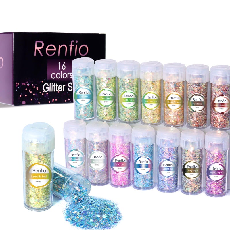Renfio Opal Chunky Glitter Set - 16 Dreamy Amber Colors, 10g Each - Holographic Fine Glitter Mix, Iridescent Flakes for Snow Globe, Tumbler, Nail Art & DIY Crafts - Image 1
