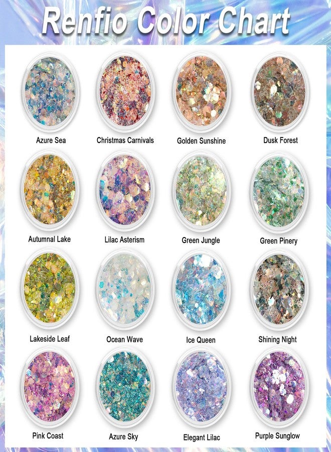Renfio Opal Chunky Glitter Set - 16 Dreamy Amber Colors, 10g Each - Holographic Fine Glitter Mix, Iridescent Flakes for Snow Globe, Tumbler, Nail Art & DIY Crafts - Image 3