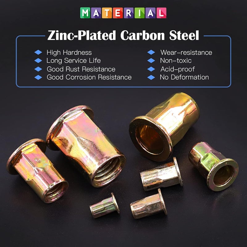 Glarks 60Pcs M8 Half Hex Body Flange Rivet Nuts Zinc Plated Carbon Steel Flat Head Threaded Insert Nut Rivnut Set (M8) - Image 3