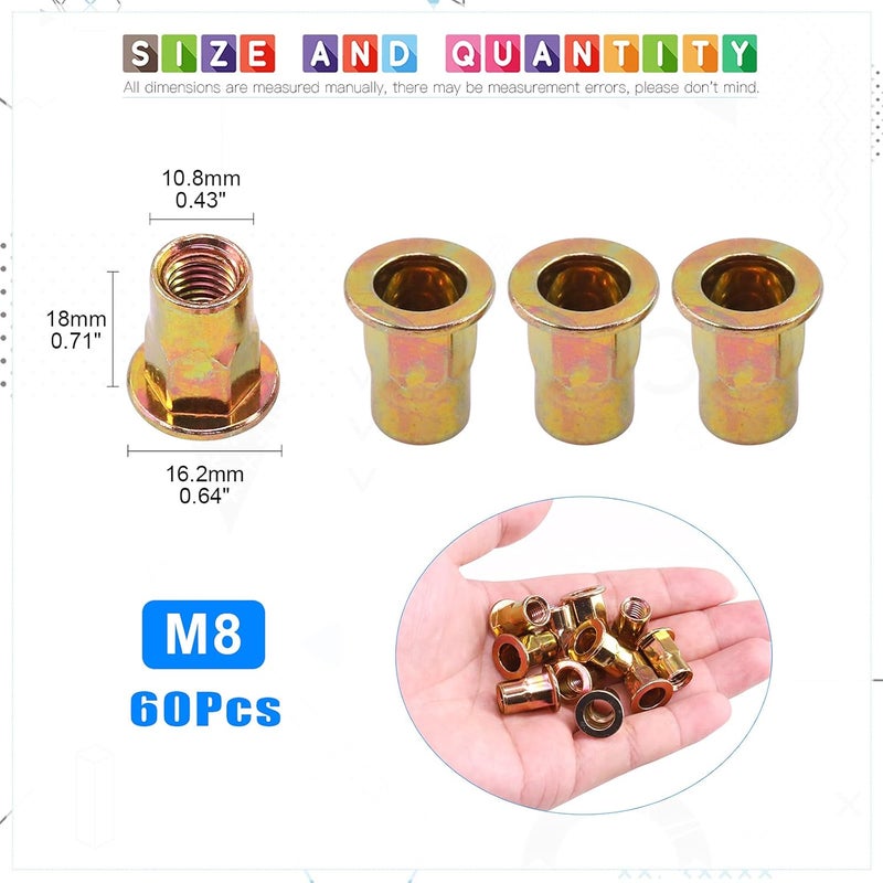 Glarks 60Pcs M8 Half Hex Body Flange Rivet Nuts Zinc Plated Carbon Steel Flat Head Threaded Insert Nut Rivnut Set (M8) - Image 2