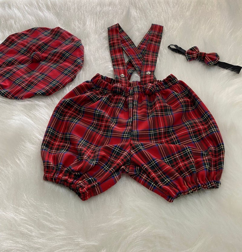 Eylülce Butik شورتات suspenders للأطفال بتصميم مقلم من Eylülüce مع قبعة رسام ومجموعة رباط عنق - زي كعكة البوب  - Image 2
