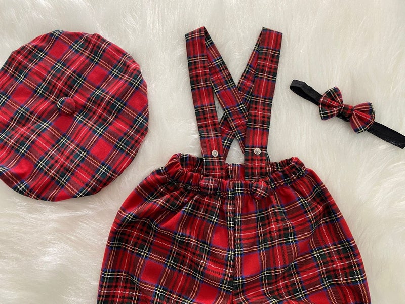 Eylülce Butik شورتات suspenders للأطفال بتصميم مقلم من Eylülüce مع قبعة رسام ومجموعة رباط عنق - زي كعكة البوب  - Image 4