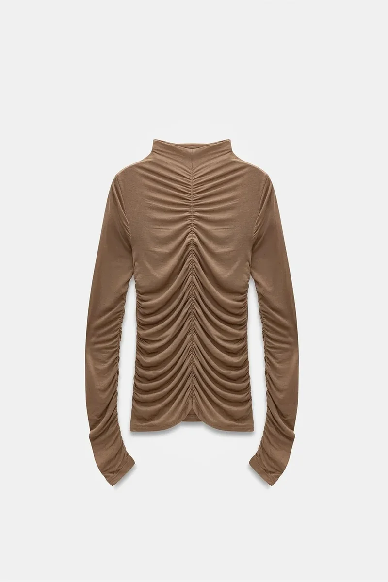 Dilvin Camel Brown DILVIN Slim Fit Long Sleeve Jersey Blouse for Women | Best Price UAE