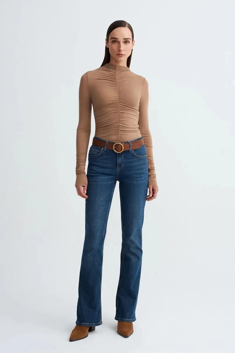 Dilvin Camel Brown DILVIN Slim Fit Long Sleeve Jersey Blouse for Women | Best Price UAE