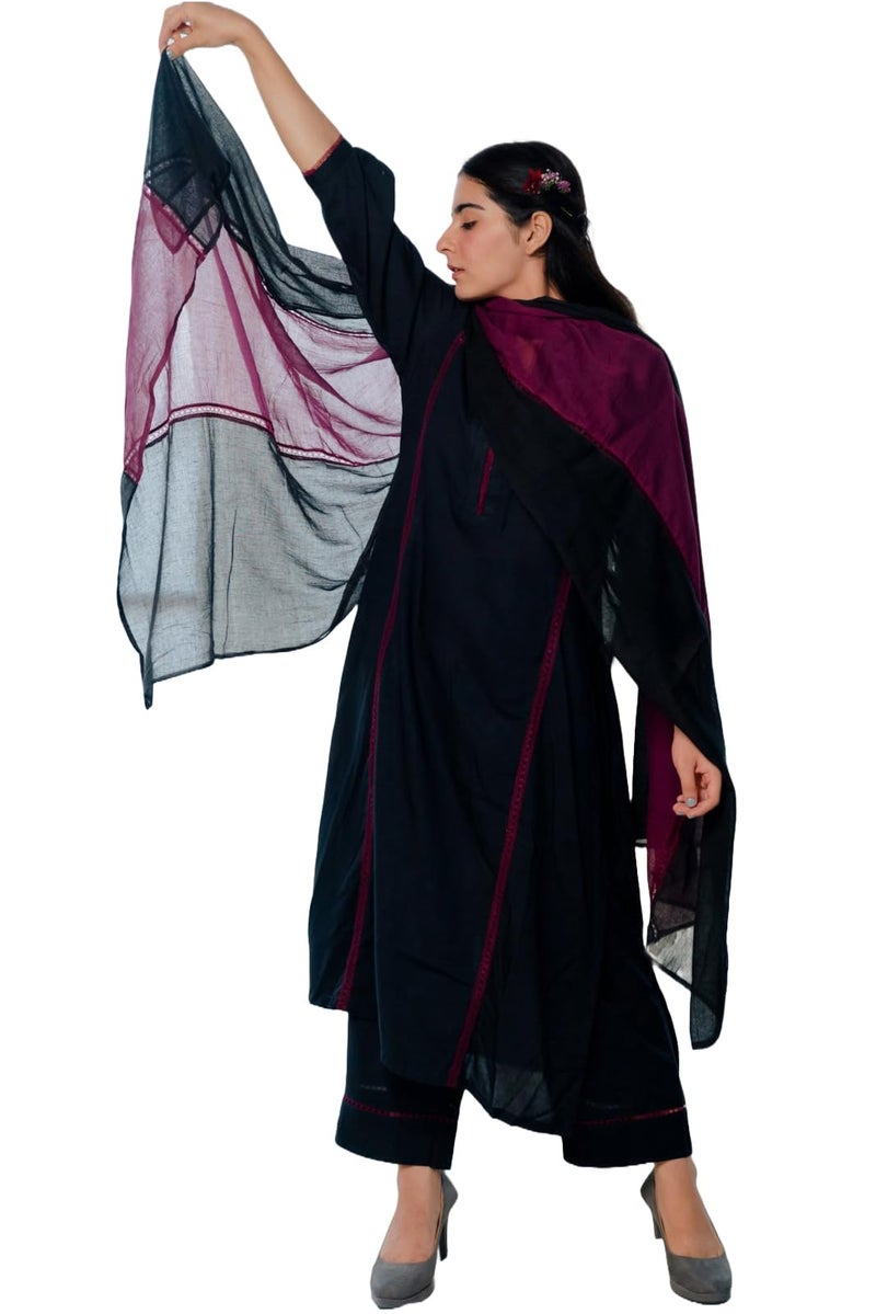 GoSriKi Women's Rayon Viscose A-line Solid Kurta with Pant & Dupatta (NANAD Black-GS_XL_Black_X-Large) - Image 1