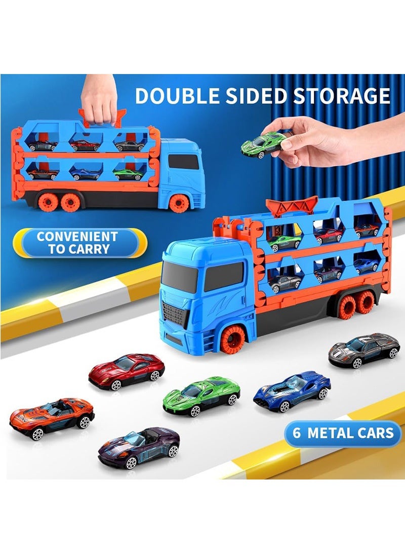 توبيتش لعبة شاحنة - شاحنة نقل زرقاء بمرآب سباق مزدوج 61 بوصة، لعبة سيارة قاذفة و6 سيارات معدنية، ألعاب سيارات لأولاد من عمر 3+ - Image 3