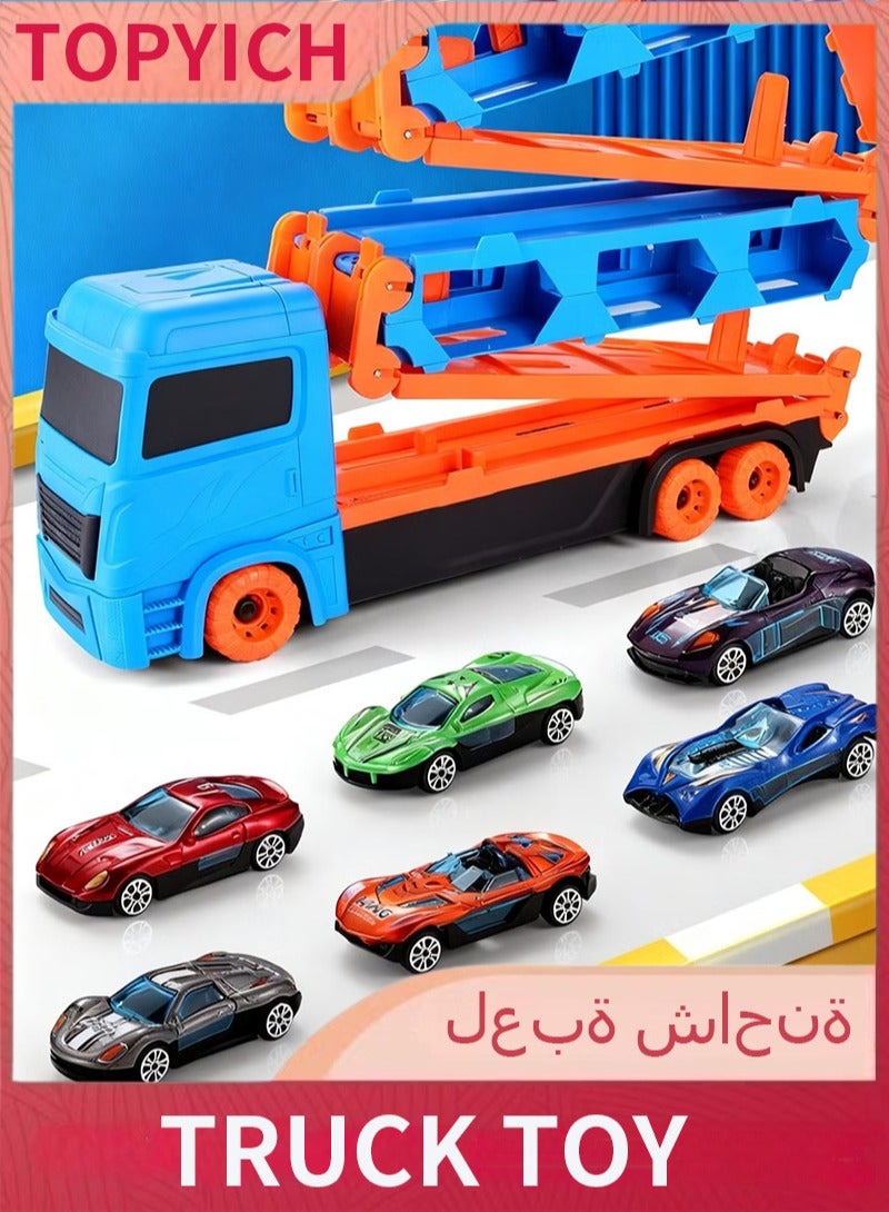 توبيتش لعبة شاحنة - شاحنة نقل زرقاء بمرآب سباق مزدوج 61 بوصة، لعبة سيارة قاذفة و6 سيارات معدنية، ألعاب سيارات لأولاد من عمر 3+ - Image 1
