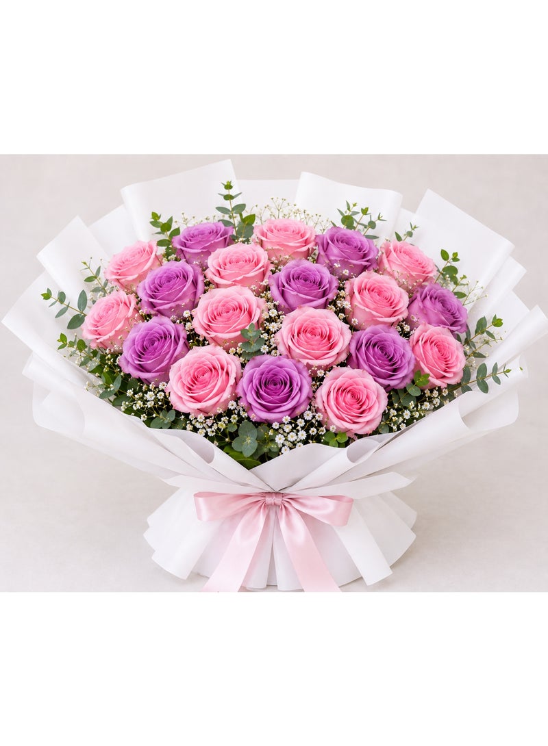 Fresh Flower Bouquet with 19 Premium Pink and Purple Roses, Baby's Breath & Eucalyptus