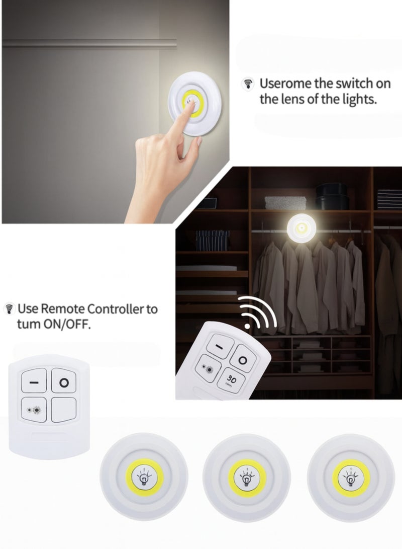 مصابيح خزانة LED ذكية لاسلكية مع جهاز تحكم عن بعد - مجموعة من 3 مصابيح دائرية لاصقة تعمل بالبطارية مع مؤقت، قابلة للتعتيم باللمس وعن بعد - إضاءة للخزائن وخزائن الملابس والمطابخ. - Image 5