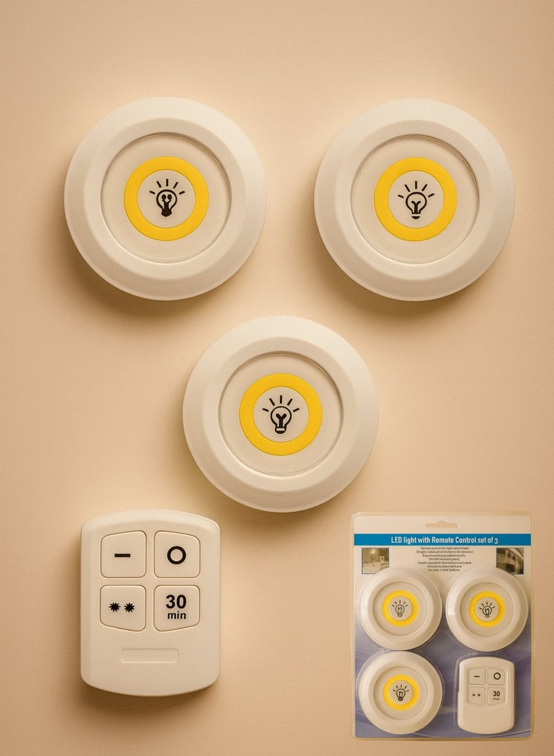 مصابيح خزانة LED ذكية لاسلكية مع جهاز تحكم عن بعد - مجموعة من 3 مصابيح دائرية لاصقة تعمل بالبطارية مع مؤقت، قابلة للتعتيم باللمس وعن بعد - إضاءة للخزائن وخزائن الملابس والمطابخ. - Image 2